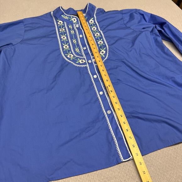 Bob Mackie Top Womens 3x Blue Embroidered Button Down Milk Maid Cottagecore Boho - Picture 8 of 8